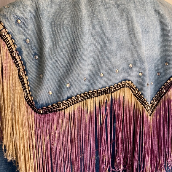 Upcycled Cropped Fringed Jean jacket ~stunner!! - Picture 5 of 6